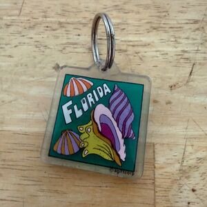 Vintage Florida Souvenir Keychain Seashell Acrylic Retro 90s Teal Double sided